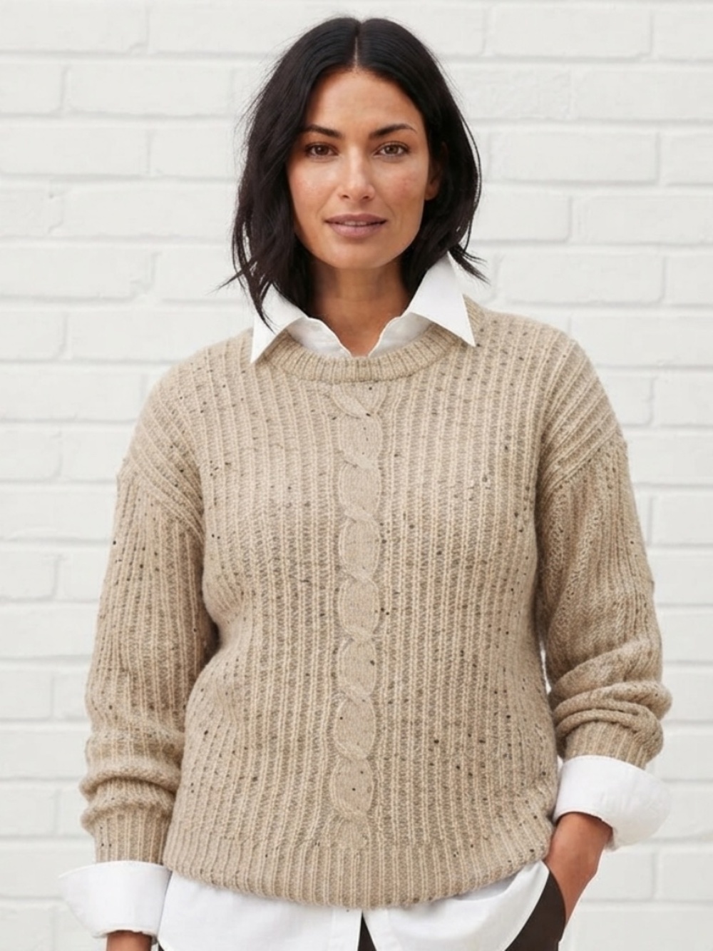 Vintage Kettle Creek Canvas Co 100% Wool Oatmeal Tweed Cable Knit Sweater Large